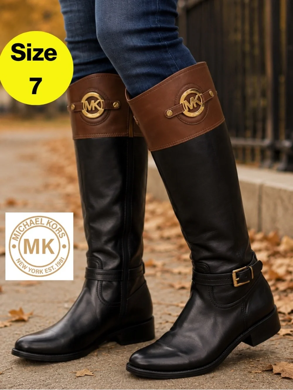 MICHAEL KORS 🌟 STOCKARD Knee-High Riding Boots (Women’s Size 7) Blk/Brown/Gold